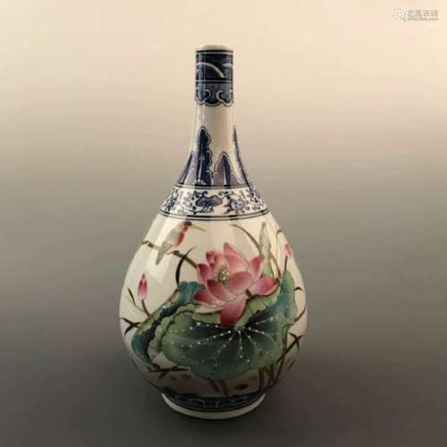Chinese Famille Rose Lotus Vase with Yongzheng Mark