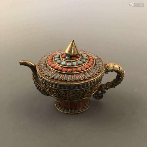 Bronze Teapot with Turquoise and Coral