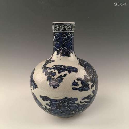 Chinese Blue& White Dragon Bottle Vase With Yongle Mark