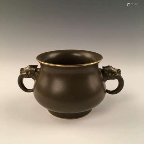 Chinese Teadust Glazed Porcelain Censer With Two