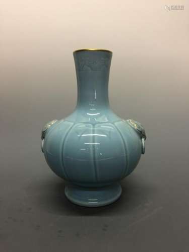 Chinese Azure Glazed Vase with Beast Heads Handle,
