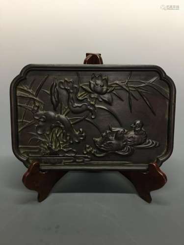 Chinese Old Red Wood Tray with Mandarin Duck Carving