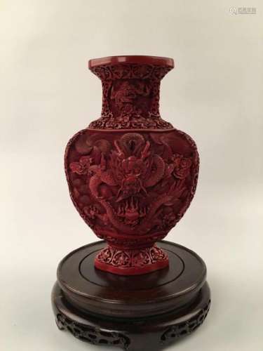 Chinese Dragon & Phoenix Carved Lacquer Vase With Qian