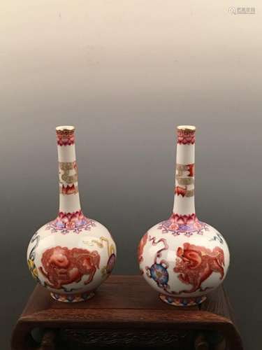 Chinese Red Dragon Vase Pair