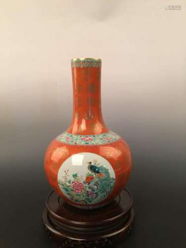 Famille-Rose Globe Bottle Vase with Qianlong Mark