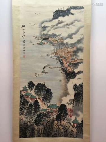Hanging Scroll of Boats on River Painting with Qian