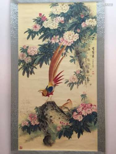 Hanging Scroll of Ji Xiang Tu with Flower and Birds