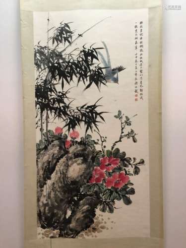 Hanging Scroll of Painting of Flowers and Bamboos and A