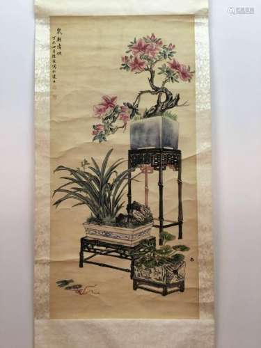 Chinese Hanging Scroll Of Potting Plants