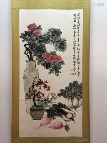 Hanging Scroll of Flowers and Vegetables Painting with