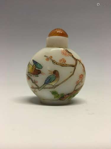 Chinese Glass Snuff Bottle With  Flower-Bird Painting