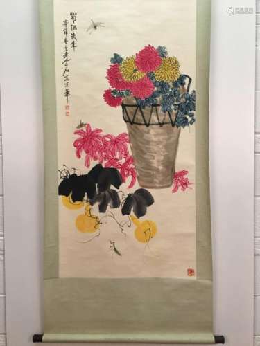 Chinese Hanging Scroll Of Flowers And Insects