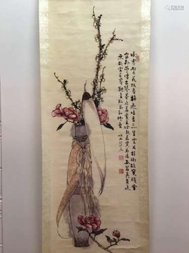 Hanging Scroll of Flowers wih Mingran Signed