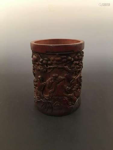 Chinese Bamboo-Made Brush Holder With Carved Figures