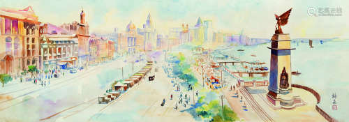 上海外滩全景水彩画 旧绘本 1纸 纸本 镜心