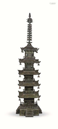 19世纪 铜制五重方佛塔
