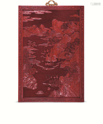 清 红雕漆琴湖雅集中堂