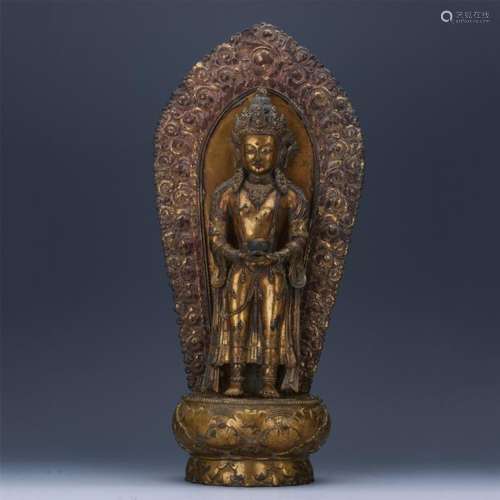 CHINESE GILT BRONZE STANDING SAKAYMUNI