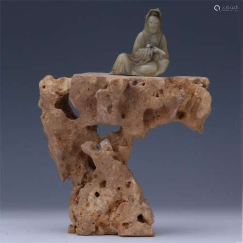 CHINESE SOAPSTONE SEATED GUANYIN WITH BASE