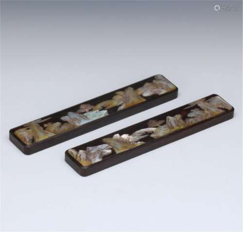 PAIR OF CHINESE MOTHER OF PEARL INLAID ZITAN PAPER WEIGHTS