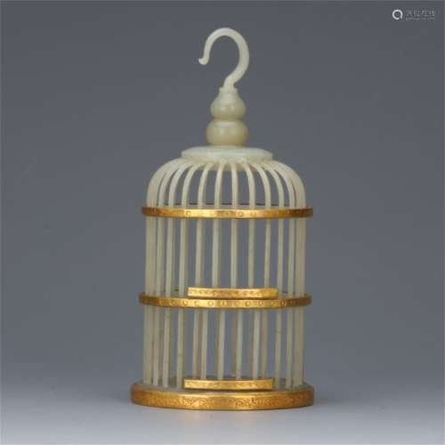 CHINESE PURE GOLD DÉCOR JADE BIRD CAGE