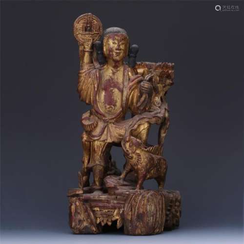 CHINESE GOLD PAINTED WOOD BOY WITH TOAD