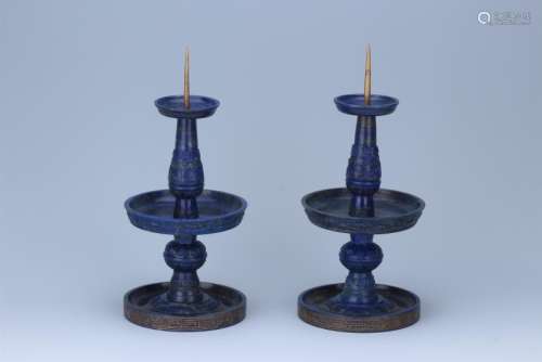 PAIR OF CHINESE LAPIS CANDLE HOLDERS