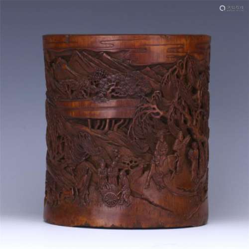 CHINESE BAMBOO CARVED MEN IN MOUNTAIN BRUSH POT