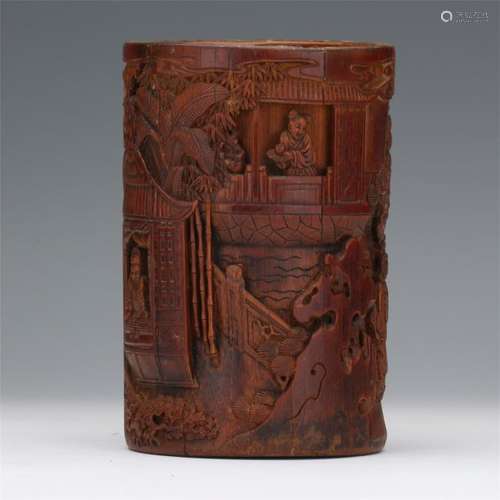 CHINESE BAMBOO CARVED FIGURE BRUSH POT