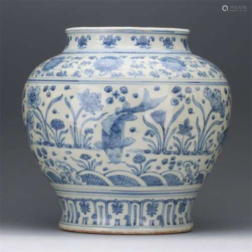 CHINESE PORCELAIN BLUE AND WHITE FISH AND WEED JAR