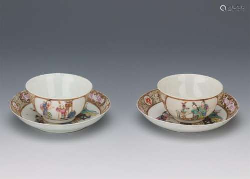 PAIR OF CHINESE PORCELAIN FAMILLE ROSE FIGURES CUPS AND DISHES