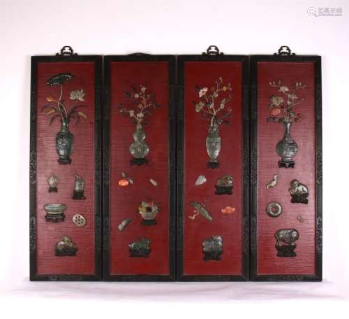 FOUR PANELS OF CHINESE GEM STONE INLAID LACQUER ZITAN WALL SCREENS