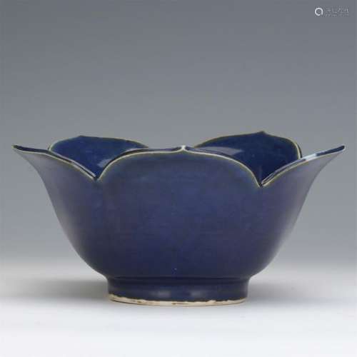 CHINESE PORCELAIN BLUE GLAZE LOTUS SHAPED BOWL