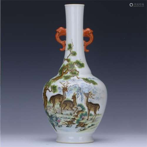 CHINESE PORCELAIN FAMILLE ROSE DEER VASE