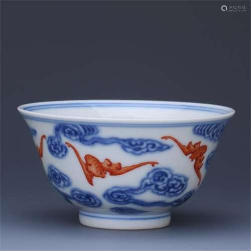 CHINESE PORCELAIN BLUE AND WHITE IRON RED BAT BOWL