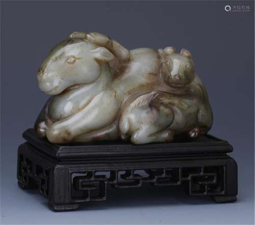 CHINESE JADE RAMS ON ROSEWOOD BASE