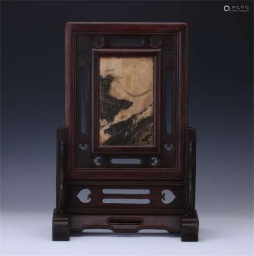 CHINESE MARBLE PLAQUE INLAID ROSEWOOD HONGMU TABLE SCREEN