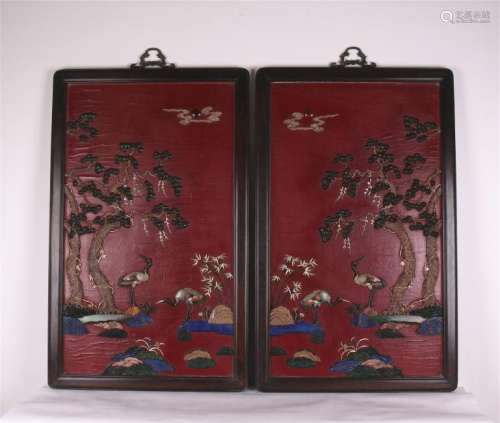 PAIR OF CHINESE GEM STONE INLAID LACQUER HARDWOOD ZITAN PLAQUES