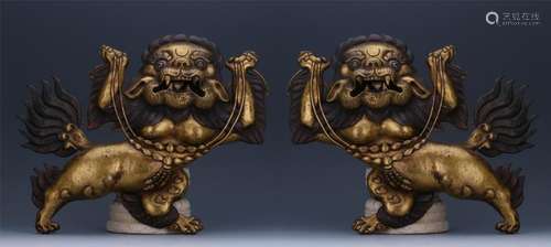 PAIR OF CHINESE GILT BRONZE LIONS WALL PLAQUE