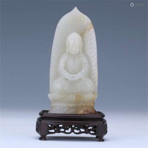 CHINESE WHITE JADE SEATED GUANYIN ON ROSEWOOD BASE