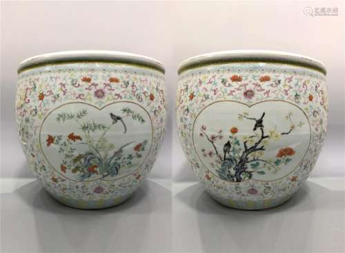 PAIR OF CHINESE PORCELAIN FAMILLE ROSE FLOWER FISH BOWLS