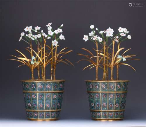 PAIR OF CHINESE JADE GILT BRONZE ORCHID IN CLOISONNE BASINS