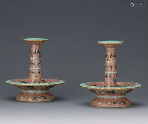 PAIR OF CHINESE PORCELAIN FAMILLE ROSE CANGLE HOLDERS