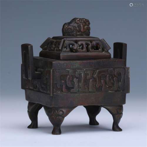 CHINESE BRONZE LIDDED SQUARE CENSER