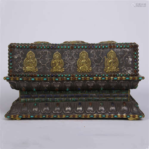 CHINESE GILT SILVER TURQUOISE INLAID BUDDHIST SUTRAS WITH CASE