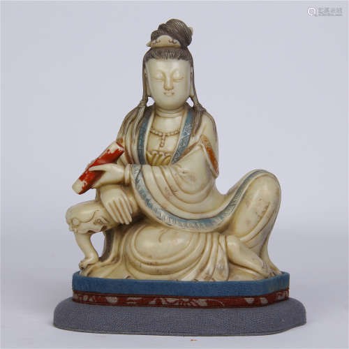 CHINESE SOAPSTONE SEATED GUANYIN WITH BOOK