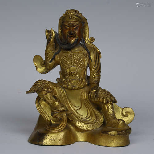 CHINESE GILT BRONZE SEATED WARRIOR