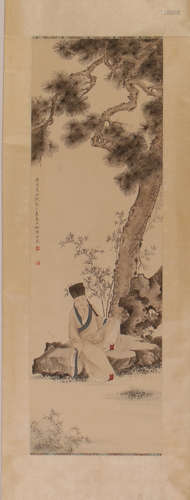 CHINESE SCROLL PAINTING OF MAN UNDER PINE