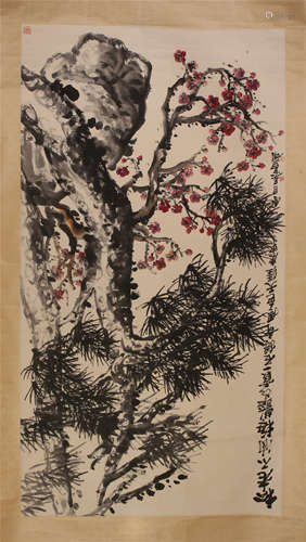 CHINESE SCROLL PAINTING OF PINE AND FLOWER