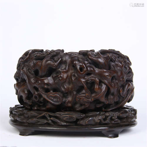 CHINESE AGALWOOD DRAGON CLOUD BRUSH WASHER WITH BASE